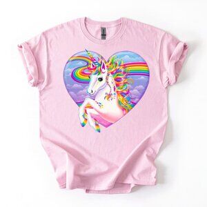 Lisa Frank 90's Style Unicorn Heart Rainbow T-Shirt Women's Pink Cotton Tee Gift